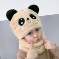 Kids plush bear panda earflap hat with integrated scarf for warm winter protection - Khaki