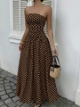 Elegant off-shoulder polka dot A-line dress in brown with a flattering cinched waistline - S / Brown