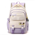 Purple and cream high-capacity student backpack with a cute bear pendant charm - Light Purple