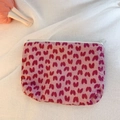 Pink printed mini zip wallet with heart pattern and white zipper on linen fabric - Red Bean Heart