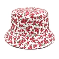 Detailopname van het rode bloemenpatroon op het witte katoenen zonnehoedje stof - M / Wit Met Kleine Bloemen