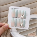 Uñas postizas de almendra larga con degradado rosa y verde, purpurina y diamantes - Talla XS(FM082-XS)