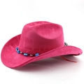Detail of rose red suede cowboy hat featuring blue beaded band and curved brim edges - Rose Red