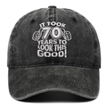 Washed cotton baseball cap with embroidered 70th birthday slogan in vintage dark grey - Adjustable / Black