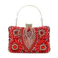 Red rhinestone evening clutch bag with floral peacock pattern and gold round handle - Red