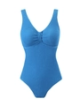 Dettaglio del tessuto seersucker azzurro di un costume da bagno intero da donna - Blu-Verde