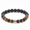 Elastic beaded bracelet with black lava stone and tiger eye beads featuring gold metal accents - Tiger's Eye
