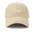 Macro shot of 3D 'Range' letter embroidery and distressed frayed edges on khaki cotton cap - Adjustable / Off White
