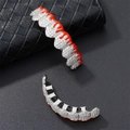 Hip hop silver grillz set with red enamel flame drip and sparkling white zircon stones - Silver Top And Bottom Teeth (S00165S)