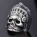 Vintage silver skull chief ring in rock punk style with detailed feather headdress - US 7 / Vintage Silver (26303)