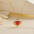 Detail of gold heart necklace with red enamel pendant on a soft floral background - Rose Red Radiant Heart Style / Rose Red