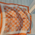 Square silk scarf with orange and white checkerboard pattern and geometric flower prints - Orange Grass Square Scarf / 65