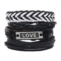 Men's 4-piece vintage leather bracelet set with woven black brown straps and LOVE plate - RH257-8 (LOVE Lettering Set)