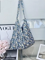 Floral canvas shoulder tote bag with colorful leopard patterns and woven brand label - Blue Yellow Pink Floral(46#)