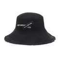 Black street style cotton bucket hat with distressed frayed edges and white embroidery - Adjustable / Black