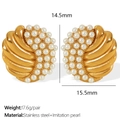 Retro 18K gold plated stainless steel stud earrings with fan-shaped imitation pearls - White Pearl Gold Style (EH715)