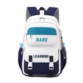 Blue and white color-block student backpack with 'HARD LEARNING' print and buckle straps - Blue & White