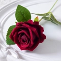 Single velvet artificial dark red rose with realistic green leaves and stem - 7cm / Wine Red (Velvet)