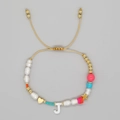 Bohemian adjustable cord bracelet with letter J charm, pink beads and gold accents - Letter J Style (ZZ-B24061901J-F)