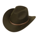Detailed view of dark olive wool felt cowboy hat with brown leather band and gold buckle - M (56-58cm) / 165 Series-Rectangular Metal Buckle / Army Green
