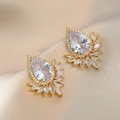 Gold flower stud earrings with pear-cut zircon and marquise-cut petal design - Pear-Shaped Radiant Zirconia Style (E0636) / Gold