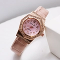 Octagonal rose gold women's watch with pink leather strap and crystal bezel decoration - Pink