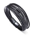 Men's multilayer braided black leather bracelet with sleek matte finish magnetic buckle - Black Leather + Black Buckle / 19cm