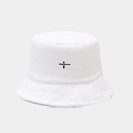 Close-up of a white towel-textured bucket hat featuring black division sign embroidery - One Size / White