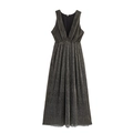 Elegant deep V-neck sleeveless pleated maxi dress in metallic bronze with high waist silhouette - XS / Black