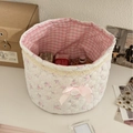 Pastel floral quilted storage basket with pink ribbon bow and beige lace trim details - Pink Rose