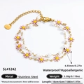 Bracelet double couche en acier inoxydable plaqué or 18 carats avec marguerite et perle - Marguerite Rose Perle Chaîne Fine (SL41242)