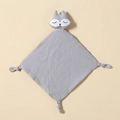 Light grey cotton muslin baby security blanket with fox head toy and knotted corners - Gray