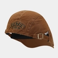 Detail of BOSTON 1985 embroidery and bronze buckle on brown canvas flat cap - Adjustable / Caramel color