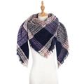 Detailed view of winter knitted scarf featuring multicolored checkered pattern and fringe edges - Fine Plaid Navy