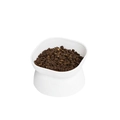White minimalist elevated pet food bowl with dry kibble and ergonomic tilted design - White