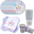 Unicorn themed party tableware set with paper plates cups and napkins for girls birthday - Purple Unicorn 16 Guests 4-Piece Set