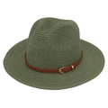 Detail of army green straw Panama hat featuring weave texture and brown faux leather belt buckle - Army Green