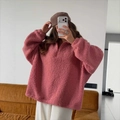 Sudadera de forro polar rosa con media cremallera y corte holgado para otoño e invierno - S / Estándar / Rosa Rojo