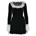 Elegant black velvet mini dress with white lace trim and square neckline for women - L / Black