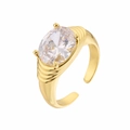 Detail of adjustable gold ring featuring an oval cubic zirconia with ribbed band - Gold White Oval