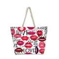 Detail of large beach tote bag with red lip patterns and rustic rope handles - White Red Lip LOVE Style (jiayingstb19)