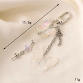 Iridescent butterfly keychain with silver cross and bow chain on champagne satin - Small Pendant / Colorful Butterfly Charm (K3087)