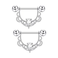 Silver U-shaped nipple ring with hollow lace pattern and round white zircon gemstone - White Zircon U-Shape Pair