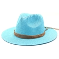 Detail of light blue woven fedora straw hat with brown string and gold bead trim - Lake Blue