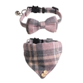 Pink and grey plaid pet collar set with bow tie, bandana and silver bell for cats - Grey Pink Plaid Set