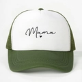 White and olive green mesh trucker hat with black Mama script and heart print - One Size / Dark Green and White