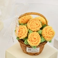 Handmade crochet basket with yellow knitted roses and white lace pearl bow ornament - 6 Yellow Roses Basket