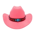 Detail view of pink felt cowboy hat featuring a tribal band with turquoise gemstones - One Size / Rose Pink