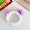 White plush headband with purple pom poms for face washing and skincare - Taro Purple