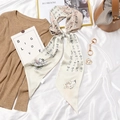 Elegant beige silk ribbon scarf featuring stylish cat prints, used as hair band or bag accessory - #399 Bow Cat Milk Tea White